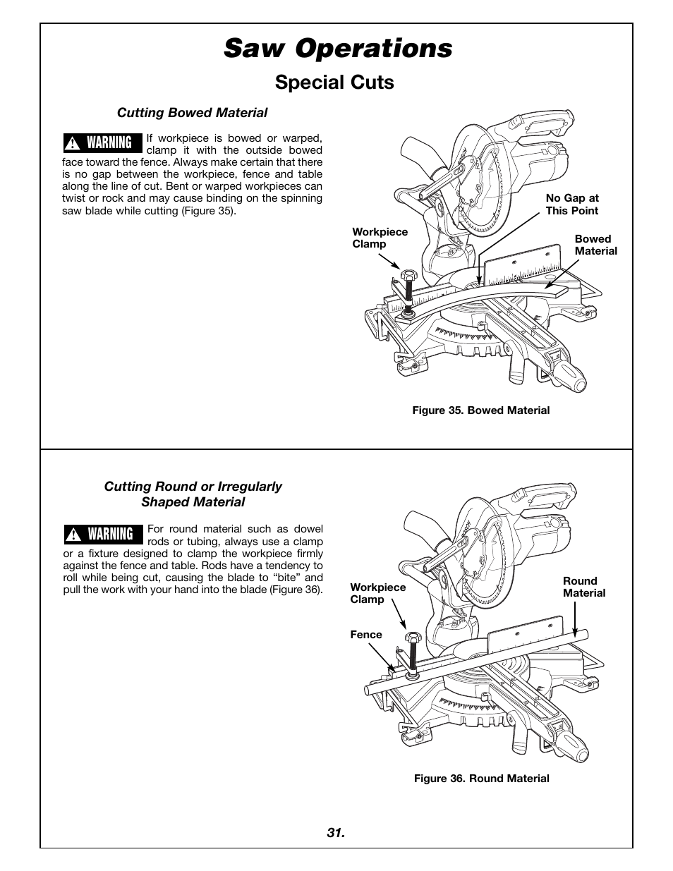 Saw operations, Special cuts, Warning | Bosch 4405 User Manual | Page 31 / 112