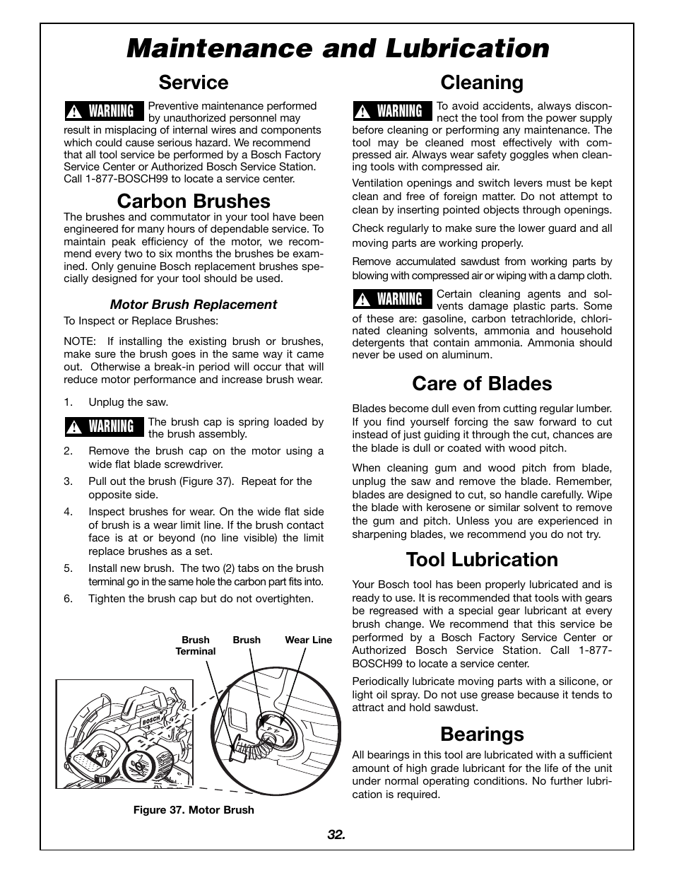 Maintenance and lubrication, Service, Carbon brushes | Cleaning, Care of blades, Tool lubrication, Bearings, Warning | Bosch 4405 User Manual | Page 32 / 112