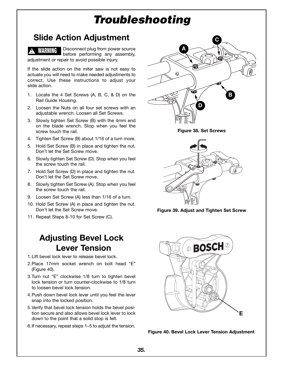 Troubleshooting, Slide action adjustment, Adjusting bevel lock lever tension | Warning | Bosch 4405 User Manual | Page 35 / 112