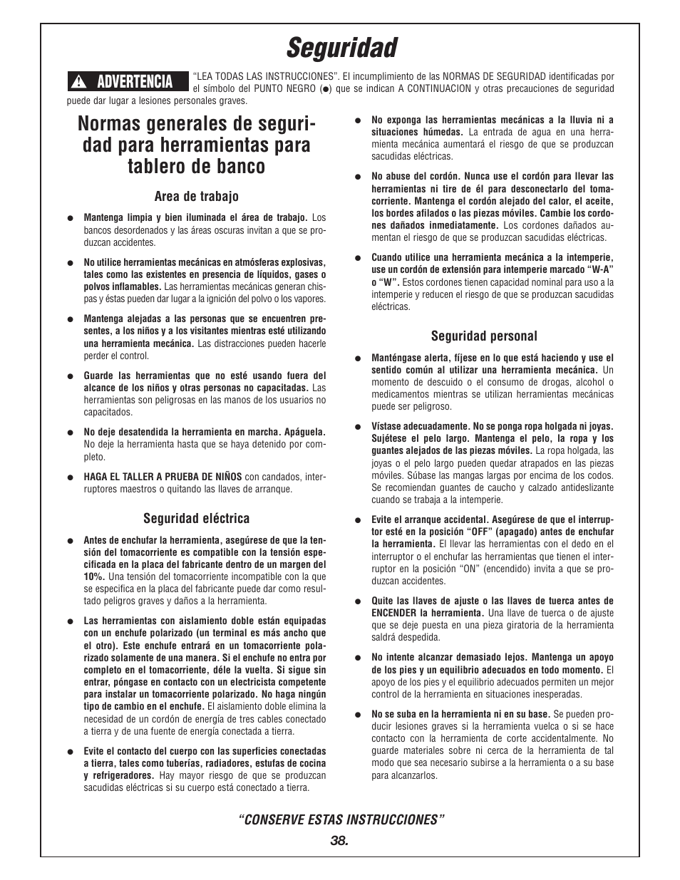 Seguridad, Advertencia, Area de trabajo | Seguridad eléctrica, Seguridad personal, Conserve estas instrucciones | Bosch 4405 User Manual | Page 38 / 112