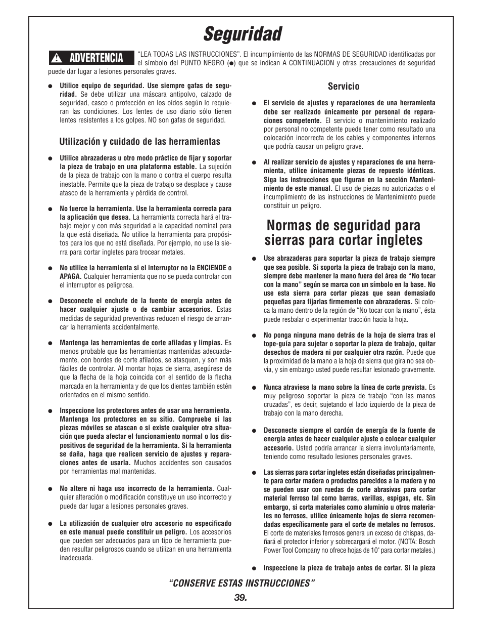 Seguridad, Advertencia, Conserve estas instrucciones | Utilización y cuidado de las herramientas, Servicio | Bosch 4405 User Manual | Page 39 / 112