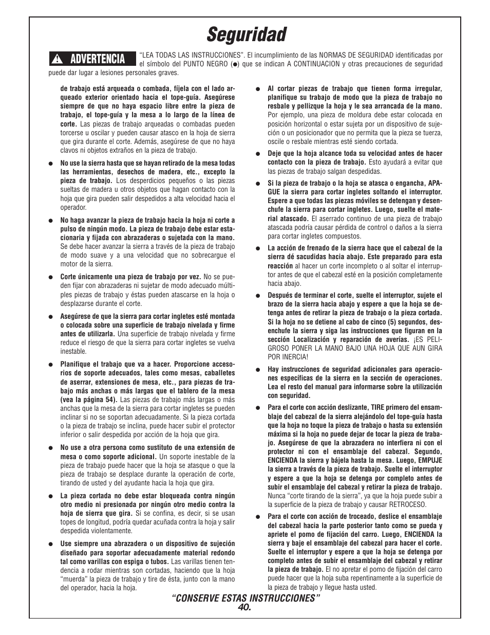 Seguridad, Advertencia, Conserve estas instrucciones” 40 | Bosch 4405 User Manual | Page 40 / 112