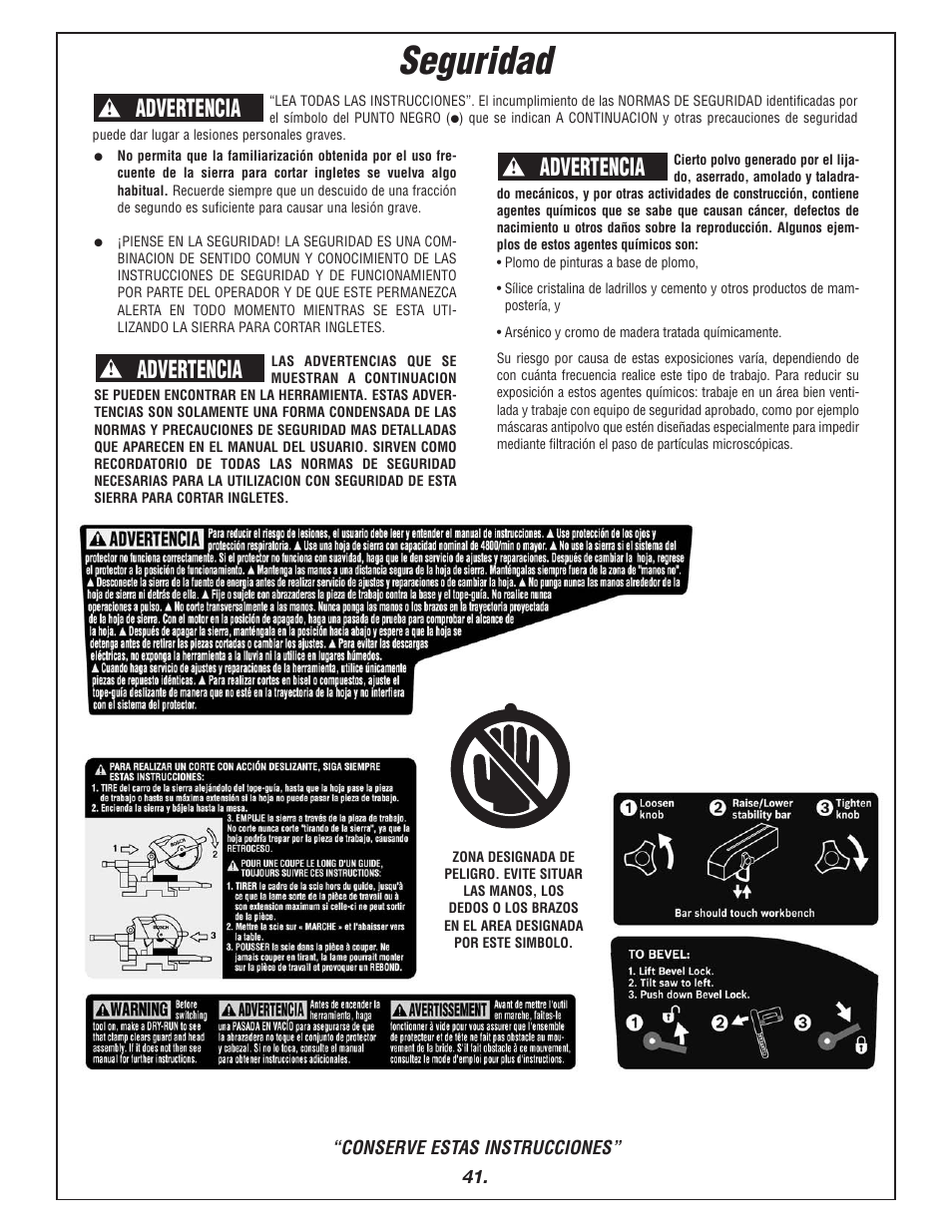 Seguridad, Advertencia | Bosch 4405 User Manual | Page 41 / 112