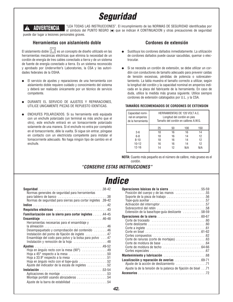 Seguridad, Indice, Advertencia | Herramientas con aislamiento doble, Cordones de extensión, Conserve estas instrucciones | Bosch 4405 User Manual | Page 42 / 112