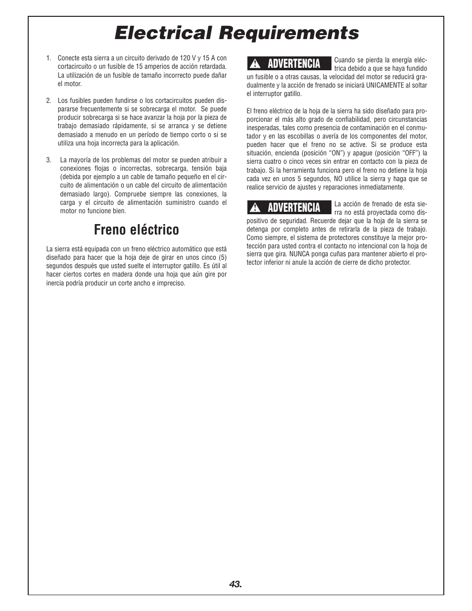 Electrical requirements, Freno eléctrico, Advertencia | Bosch 4405 User Manual | Page 43 / 112