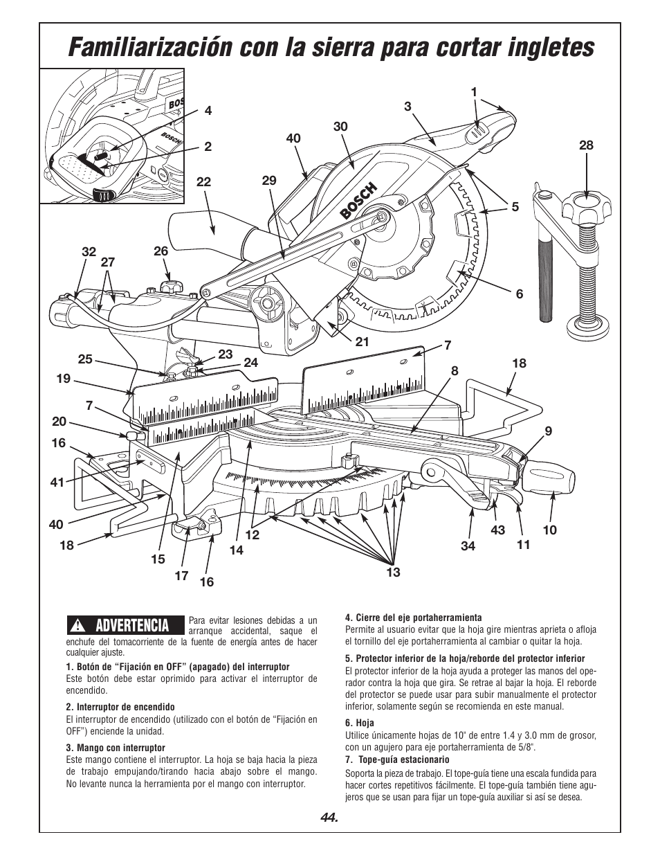 Familiarización con la sierra para cortar ingletes, Advertencia | Bosch 4405 User Manual | Page 44 / 112