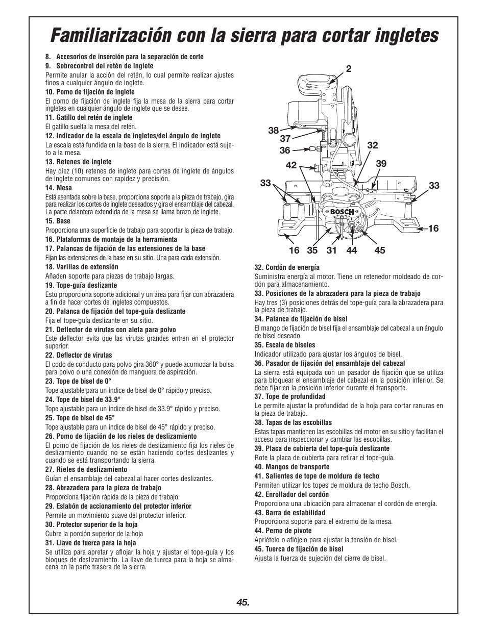 Familiarización con la sierra para cortar ingletes | Bosch 4405 User Manual | Page 45 / 112