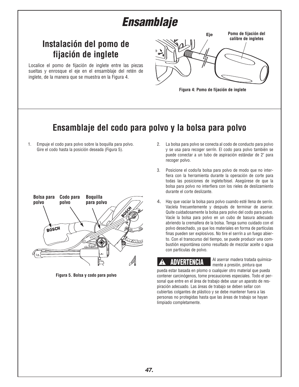 Ensamblaje, Advertencia | Bosch 4405 User Manual | Page 47 / 112