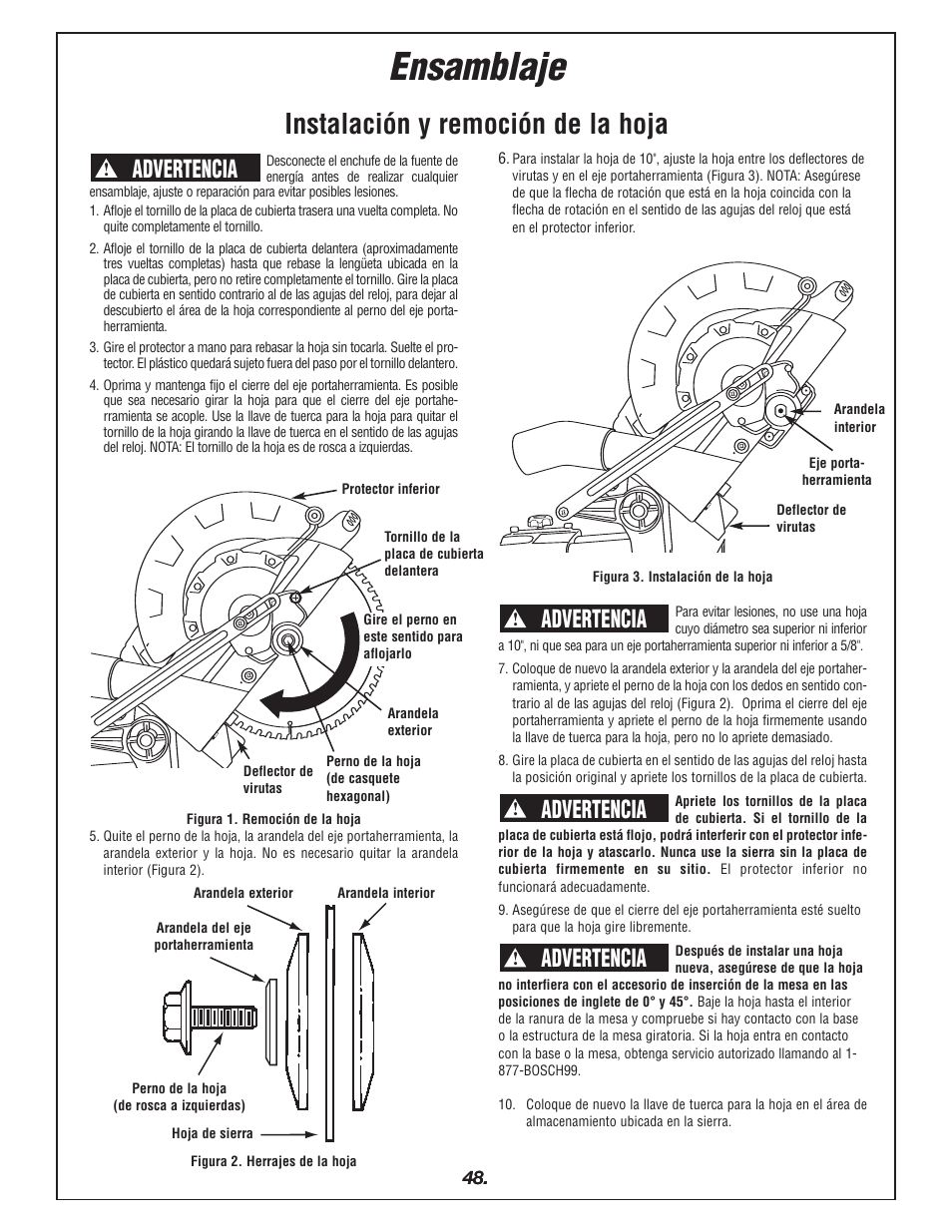 Ensamblaje, Instalación y remoción de la hoja, Advertencia | Bosch 4405 User Manual | Page 48 / 112