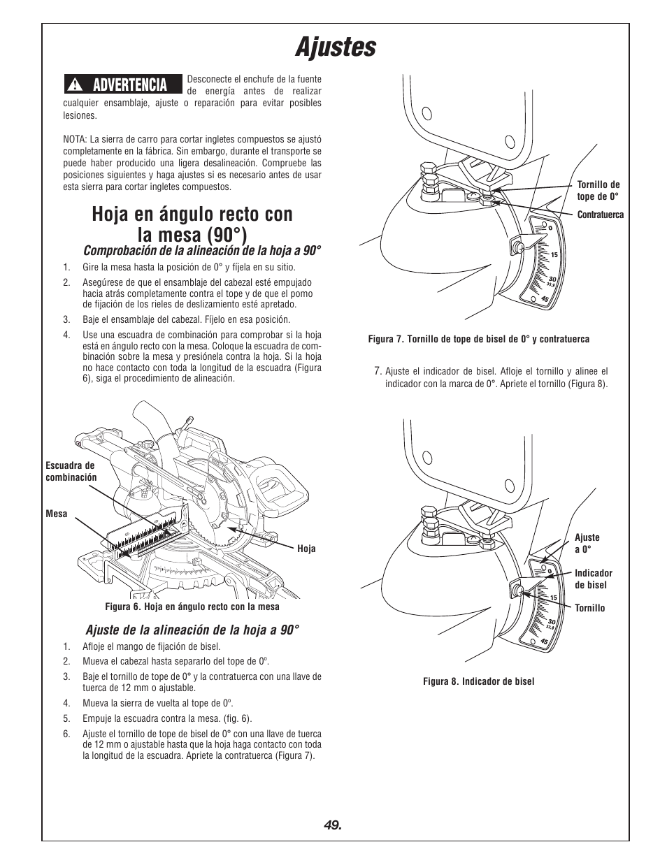 Ajustes, Hoja en ángulo recto con la mesa (90°), Advertencia | Bosch 4405 User Manual | Page 49 / 112