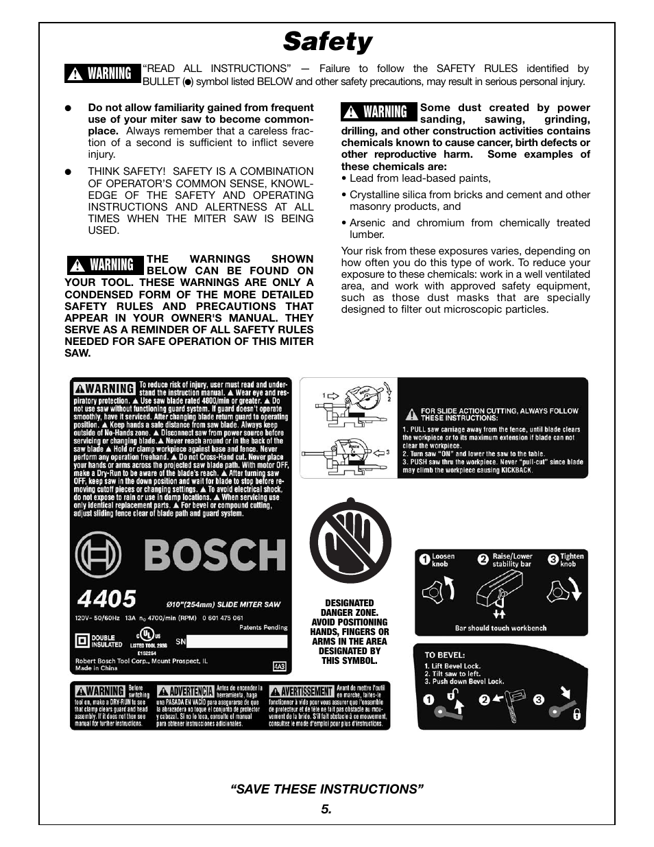 Safety, Warning | Bosch 4405 User Manual | Page 5 / 112