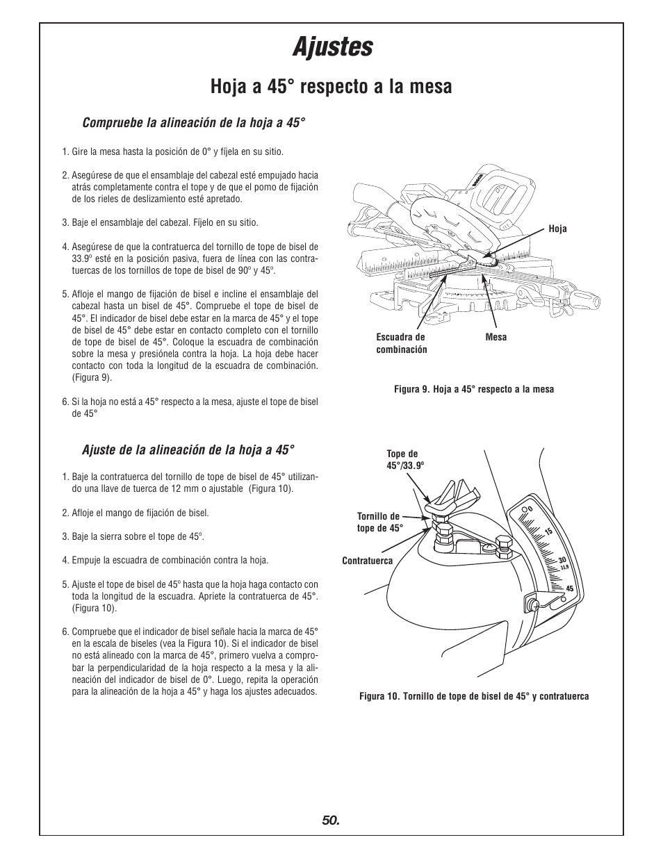 Ajustes, Hoja a 45° respecto a la mesa | Bosch 4405 User Manual | Page 50 / 112