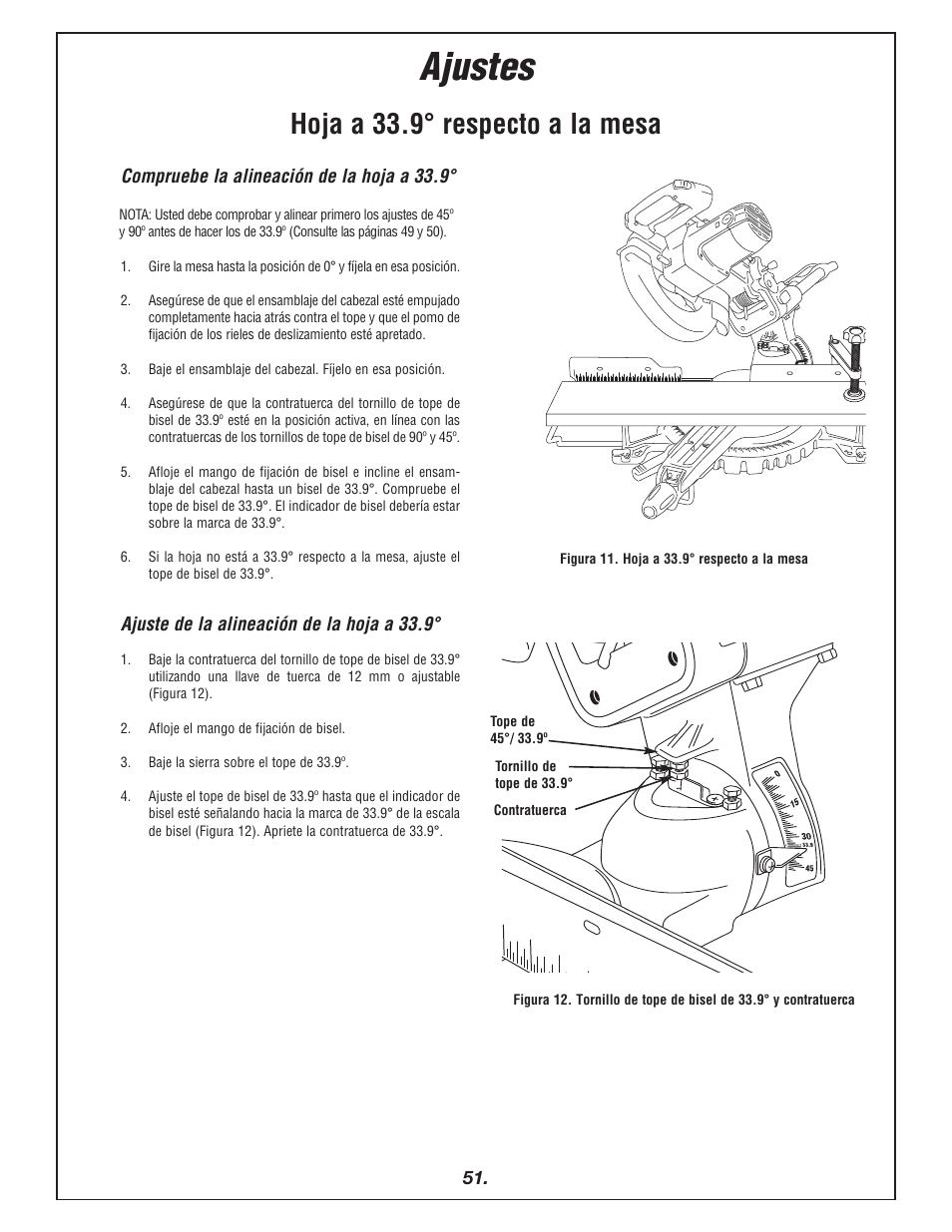 Ajustes, Hoja a 33.9° respecto a la mesa | Bosch 4405 User Manual | Page 51 / 112