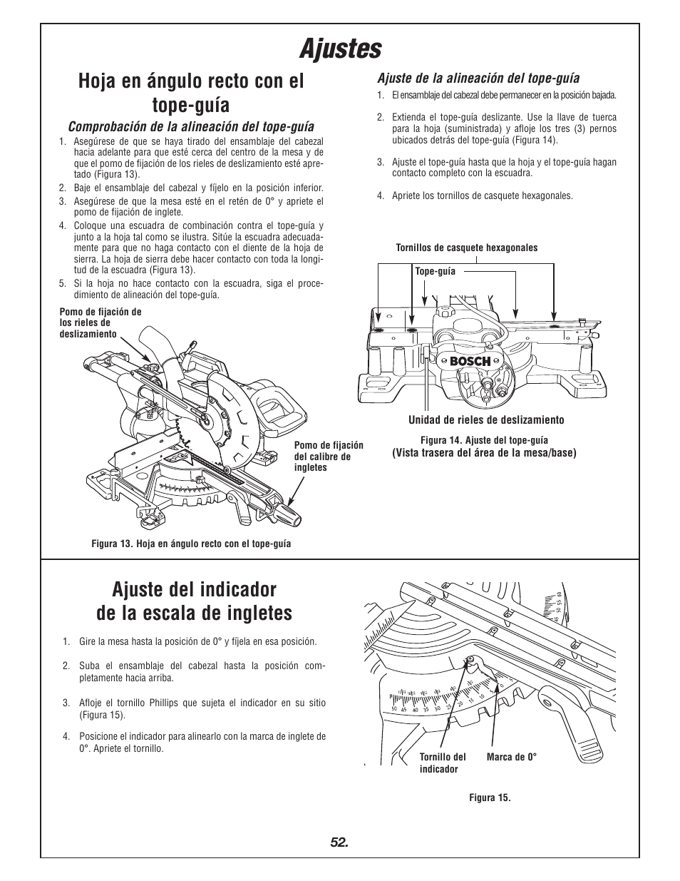 Ajustes, Ajuste del indicador de la escala de ingletes, Hoja en ángulo recto con el tope-guía | Bosch 4405 User Manual | Page 52 / 112