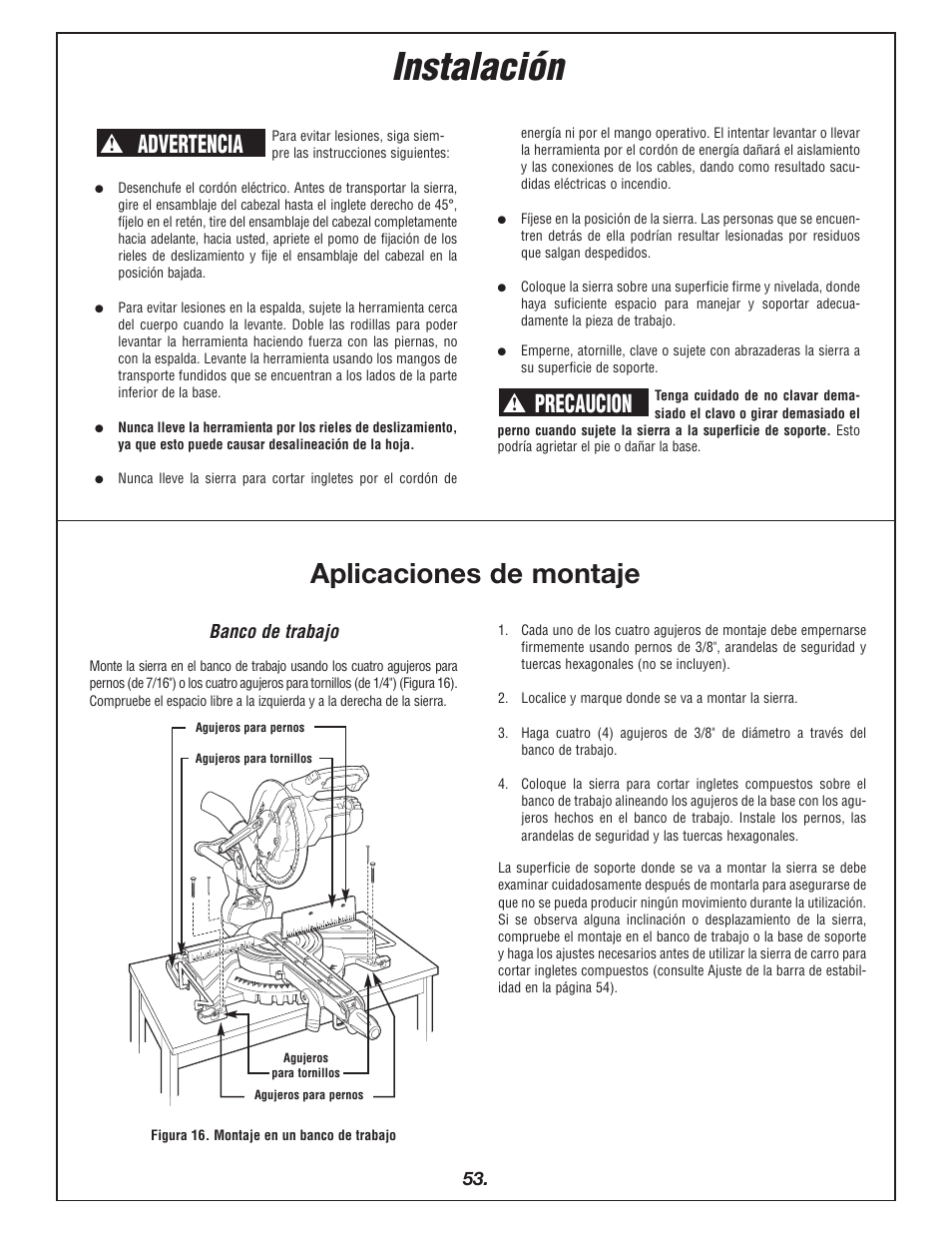 Instalación, Aplicaciones de montaje, Precaucion | Advertencia | Bosch 4405 User Manual | Page 53 / 112