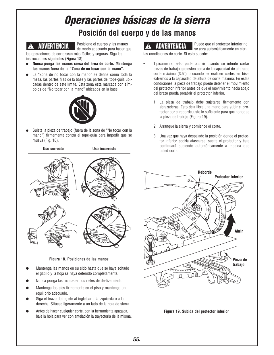 Operaciones básicas de la sierra, Posición del cuerpo y de las manos, Advertencia | Bosch 4405 User Manual | Page 55 / 112