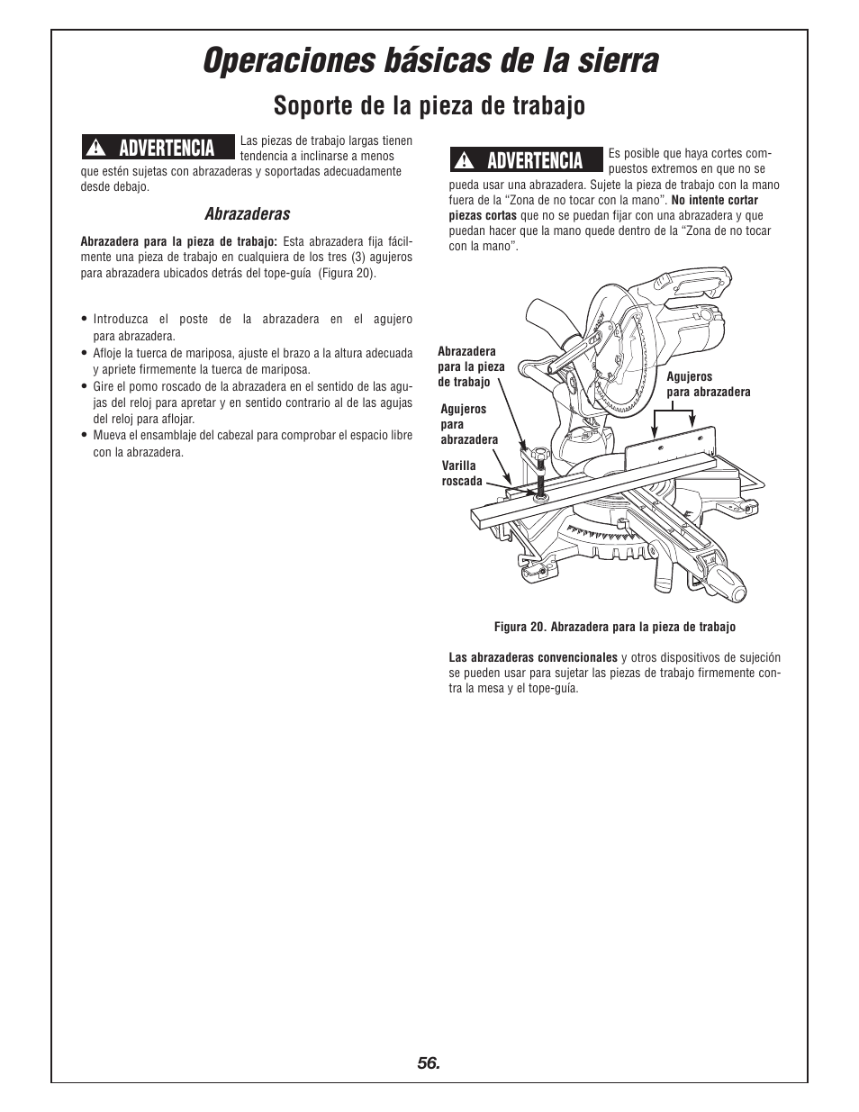 Operaciones básicas de la sierra, Soporte de la pieza de trabajo, Advertencia | Bosch 4405 User Manual | Page 56 / 112