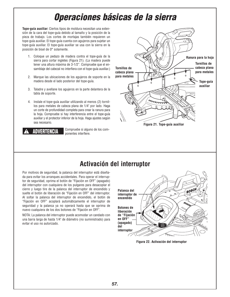 Operaciones básicas de la sierra, Activación del interruptor, Advertencia | Bosch 4405 User Manual | Page 57 / 112