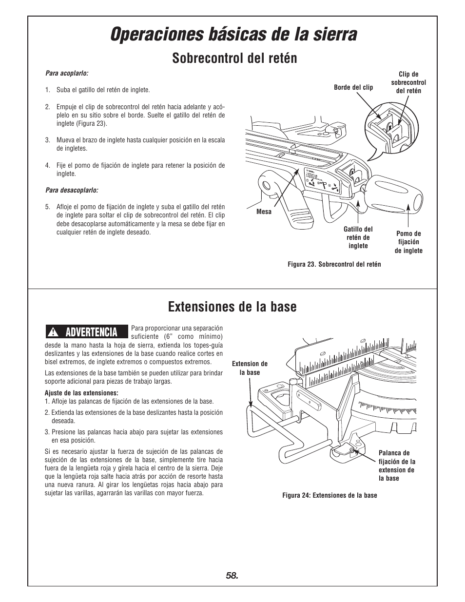 Operaciones básicas de la sierra, Sobrecontrol del retén, Extensiones de la base | Advertencia | Bosch 4405 User Manual | Page 58 / 112