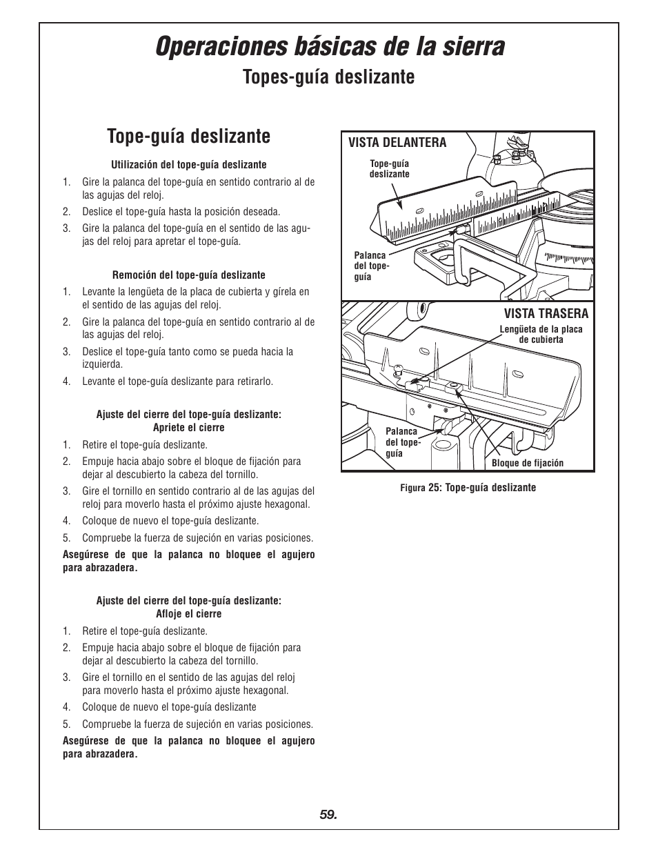 Operaciones básicas de la sierra, Topes-guía deslizante tope-guía deslizante | Bosch 4405 User Manual | Page 59 / 112