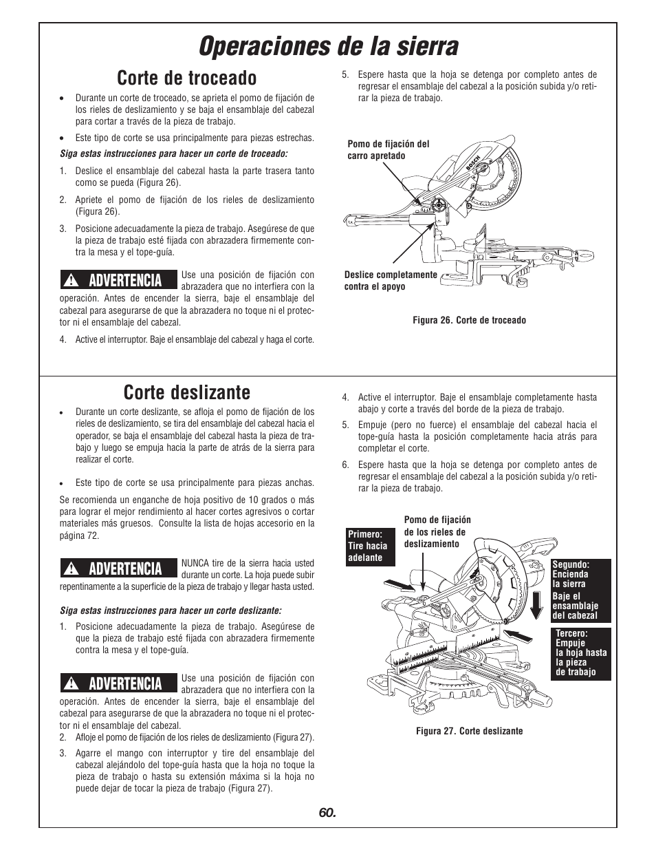 Operaciones de la sierra, Corte deslizante, Corte de troceado | Advertencia | Bosch 4405 User Manual | Page 60 / 112