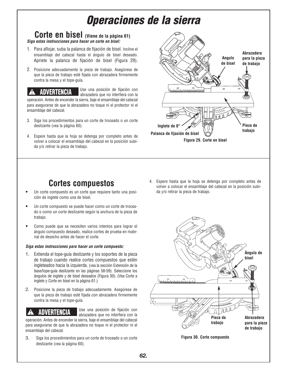 Operaciones de la sierra, Corte en bisel, Cortes compuestos | Advertencia | Bosch 4405 User Manual | Page 62 / 112