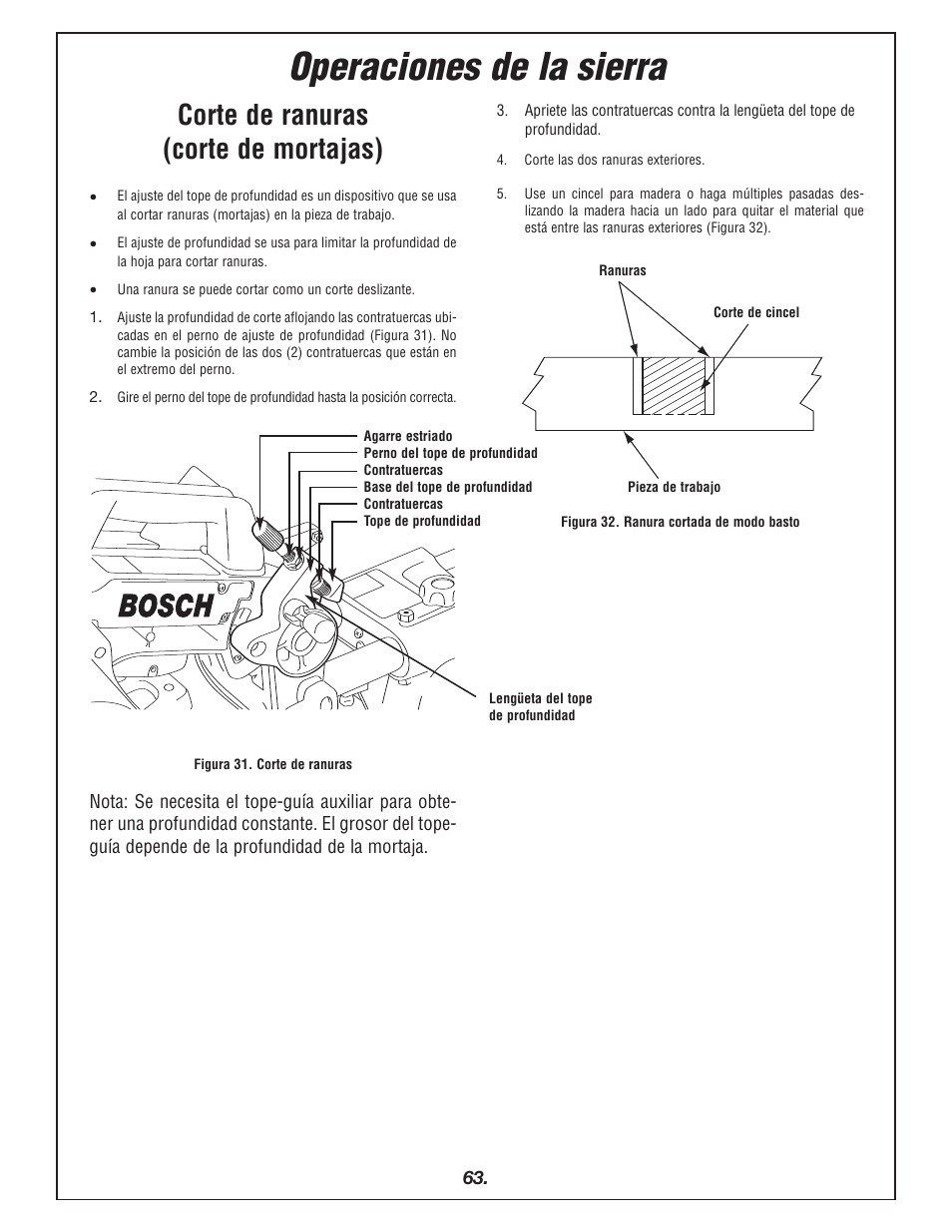 Operaciones de la sierra, Corte de ranuras (corte de mortajas) | Bosch 4405 User Manual | Page 63 / 112