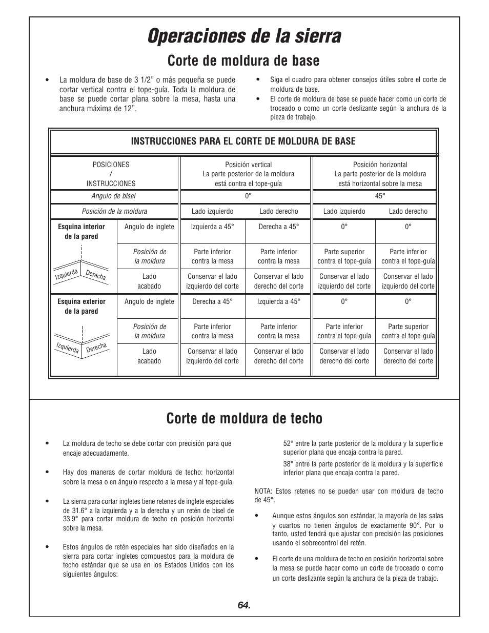 Operaciones de la sierra, Corte de moldura de base corte de moldura de techo | Bosch 4405 User Manual | Page 64 / 112