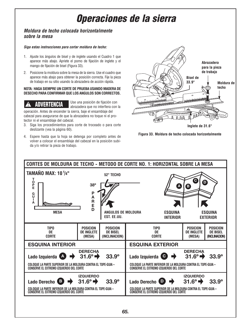 Operaciones de la sierra, Advertencia, 6º 33.9º | Bosch 4405 User Manual | Page 65 / 112