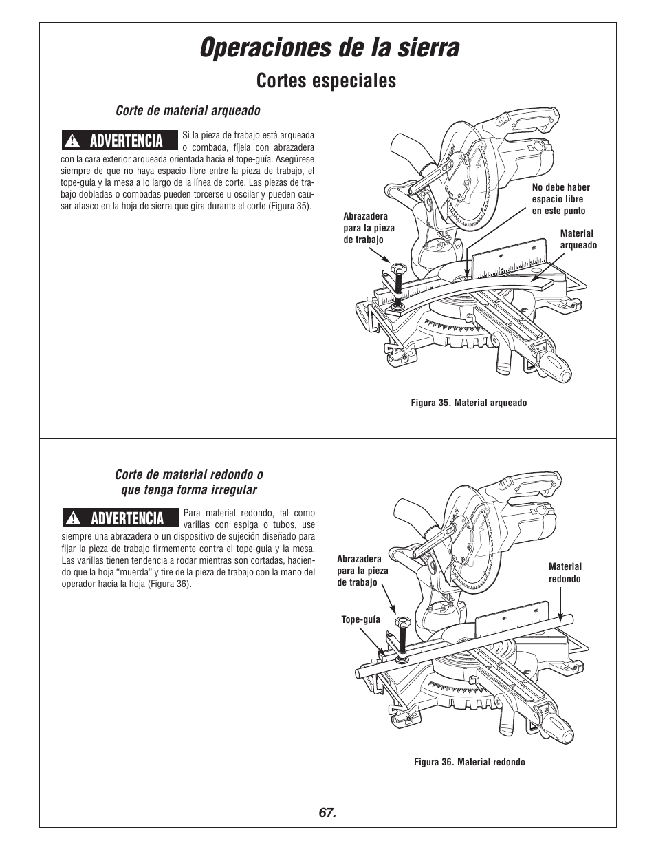 Operaciones de la sierra, Cortes especiales, Advertencia | Bosch 4405 User Manual | Page 67 / 112