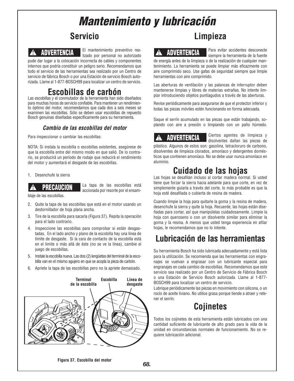 Mantenimiento y lubricación, Servicio, Escobillas de carbón | Limpieza, Cuidado de las hojas, Lubricación de las herramientas, Cojinetes, Advertencia, Precaucion | Bosch 4405 User Manual | Page 68 / 112