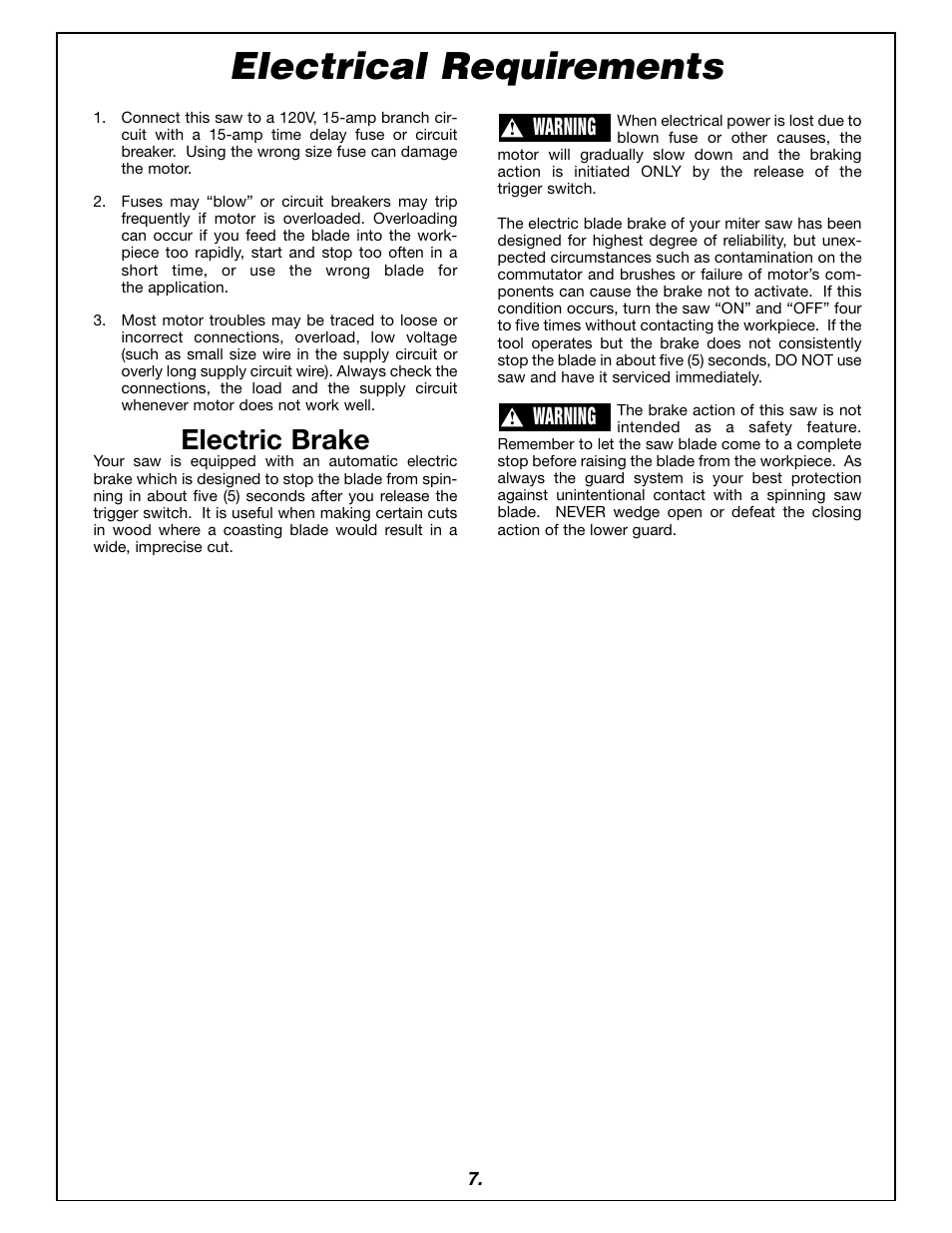 Electrical requirements, Electric brake, Warning | Bosch 4405 User Manual | Page 7 / 112