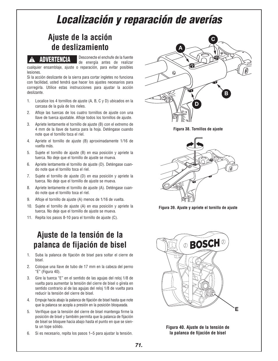 Localización y reparación de averías, Ajuste de la acción de deslizamiento, Advertencia | Bosch 4405 User Manual | Page 71 / 112