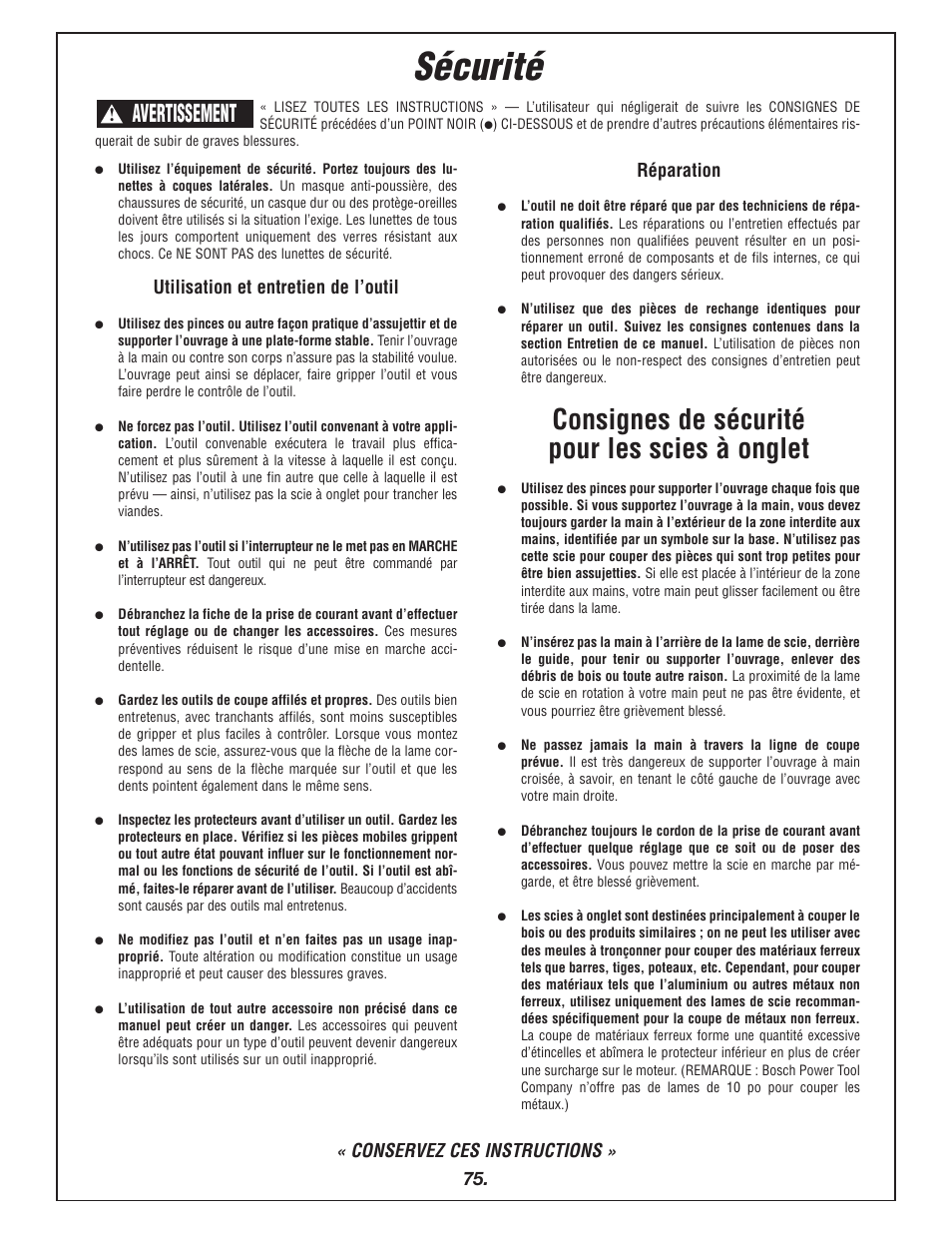 Sécurité, Consignes de sécurité pour les scies à onglet, Avertissement | Conservez ces instructions, Utilisation et entretien de l’outil, Réparation | Bosch 4405 User Manual | Page 75 / 112