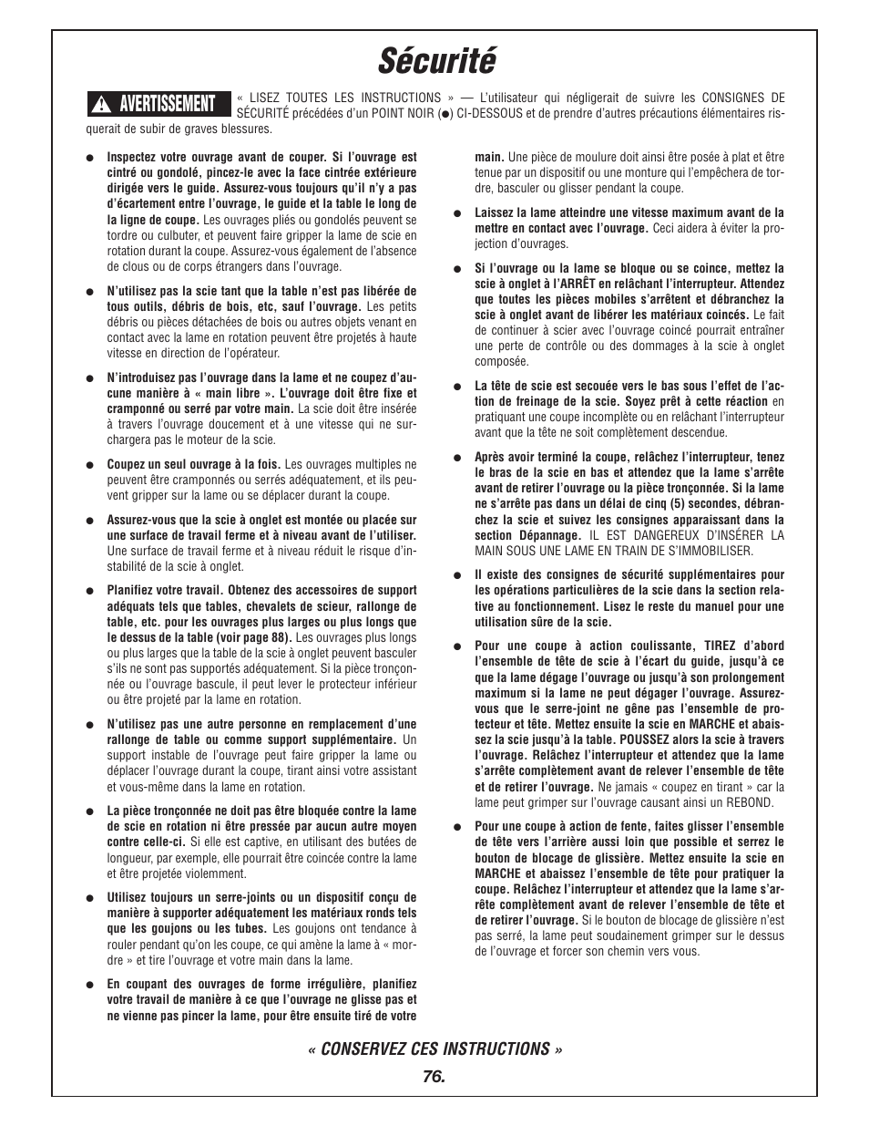 Sécurité, Avertissement, « conservez ces instructions | Bosch 4405 User Manual | Page 76 / 112