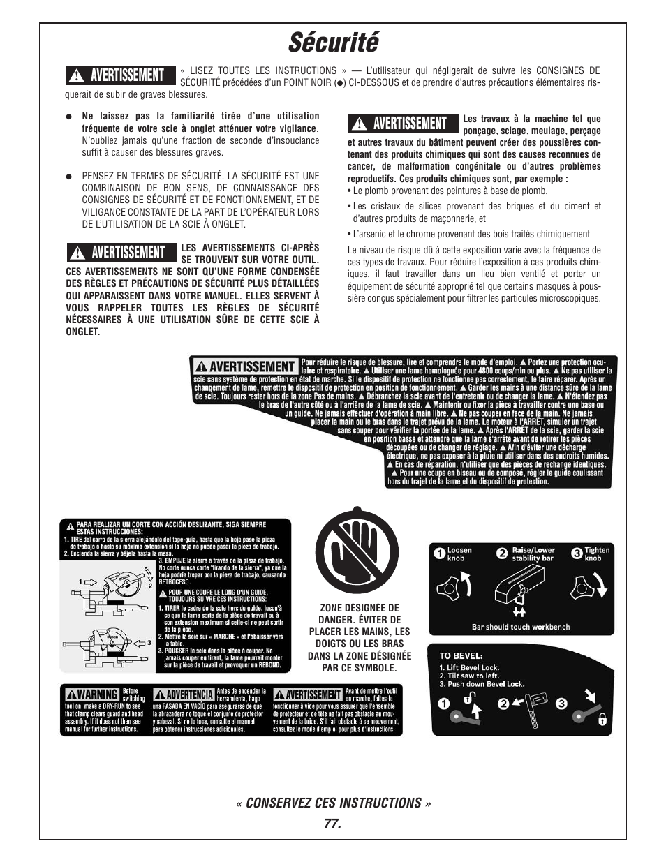 Sécurité, Avertissement | Bosch 4405 User Manual | Page 77 / 112