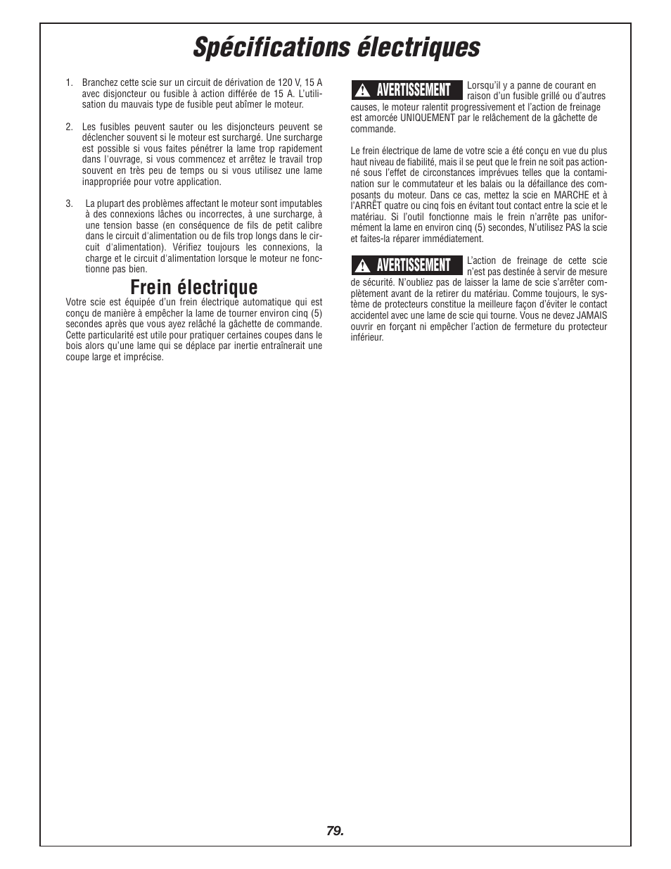 Spécifications électriques, Frein électrique, Avertissement | Bosch 4405 User Manual | Page 79 / 112