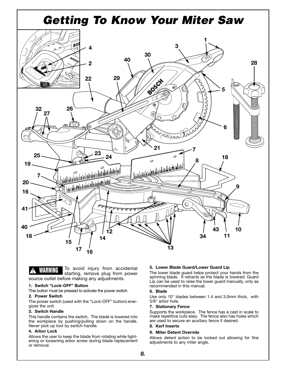 Getting to know your miter saw, Warning | Bosch 4405 User Manual | Page 8 / 112