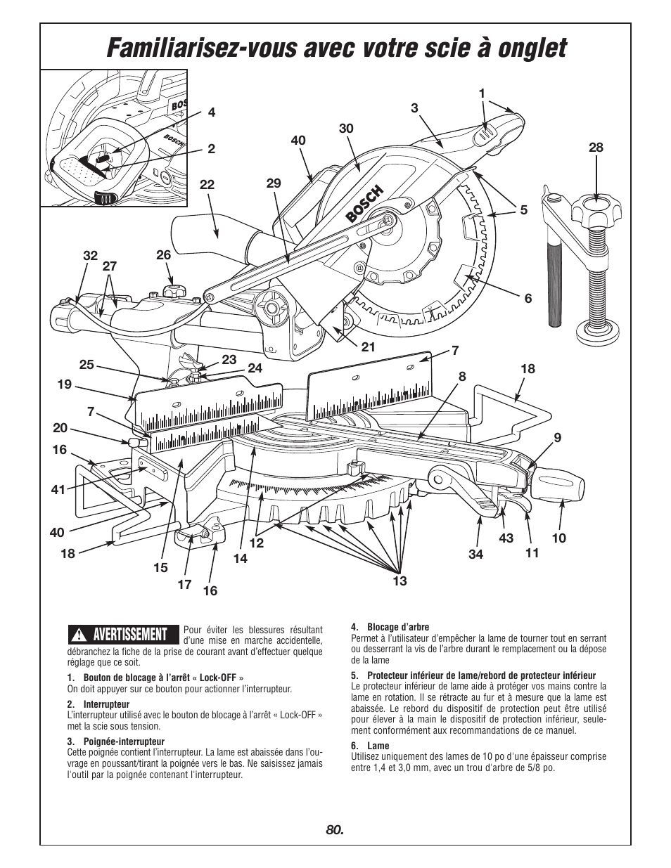 Familiarisez-vous avec votre scie à onglet, Avertissement | Bosch 4405 User Manual | Page 80 / 112