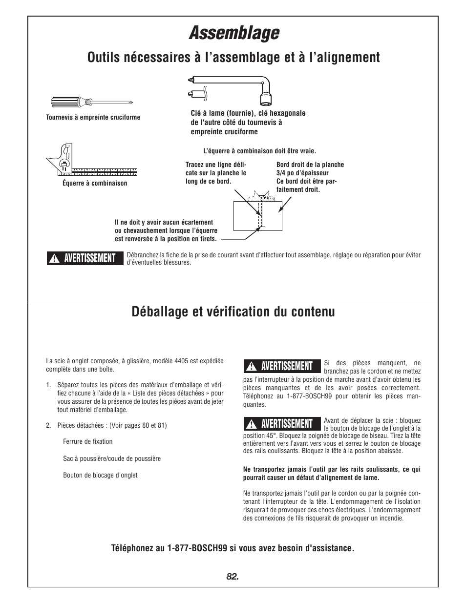 Assemblage, Déballage et vérification du contenu, Avertissement | Bosch 4405 User Manual | Page 82 / 112