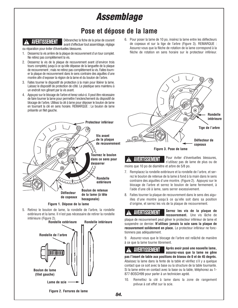 Assemblage, Pose et dépose de la lame, Avertissement | Bosch 4405 User Manual | Page 84 / 112