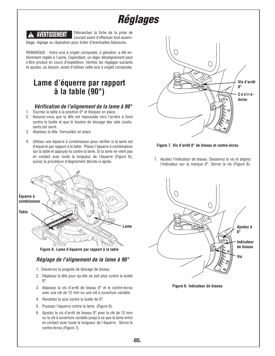 Réglages, Lame d’équerre par rapport à la table (90°), Avertissement | Bosch 4405 User Manual | Page 85 / 112