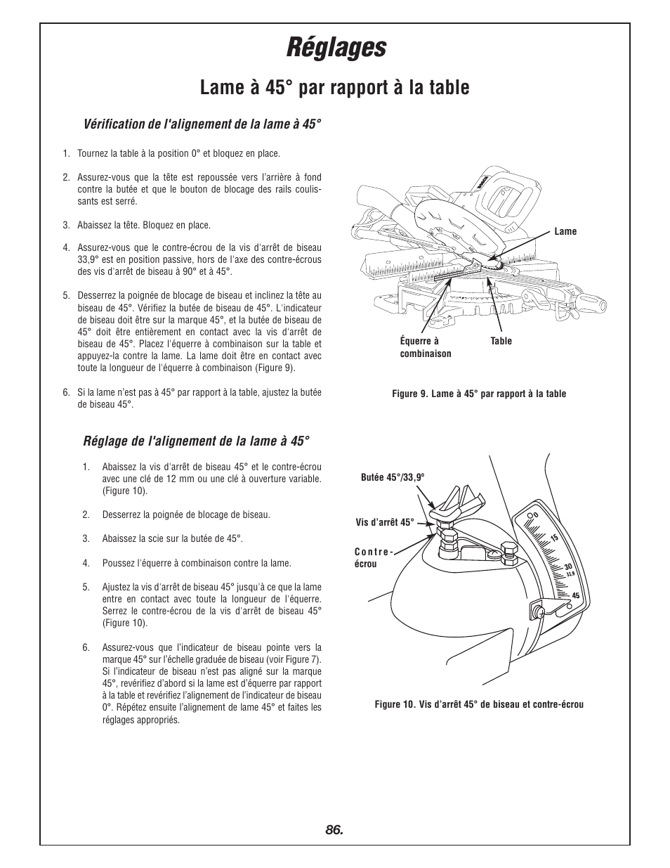 Réglages, Lame à 45° par rapport à la table | Bosch 4405 User Manual | Page 86 / 112