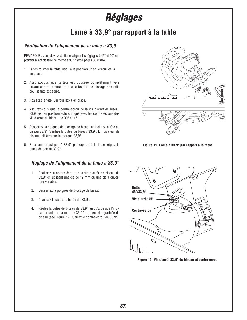 Réglages, Lame à 33,9° par rapport à la table | Bosch 4405 User Manual | Page 87 / 112