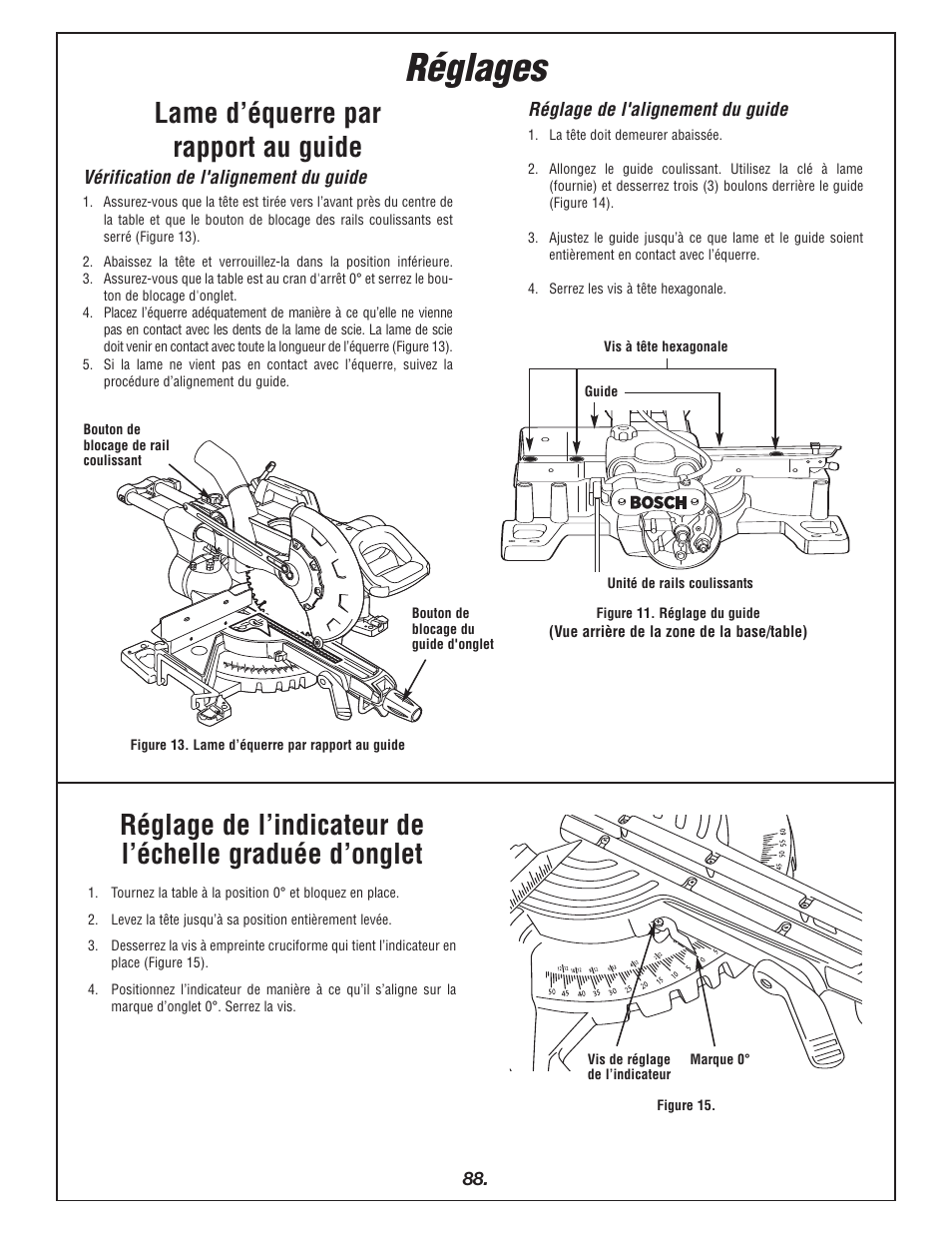 Réglages, Lame d’équerre par rapport au guide | Bosch 4405 User Manual | Page 88 / 112