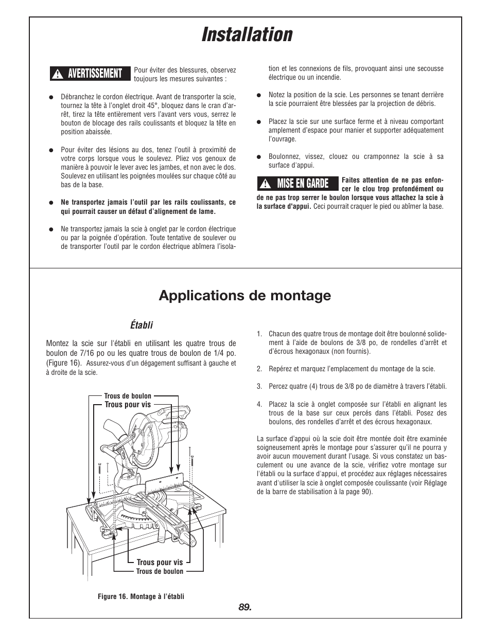 Installation, Applications de montage, Mise en garde | Avertissement | Bosch 4405 User Manual | Page 89 / 112