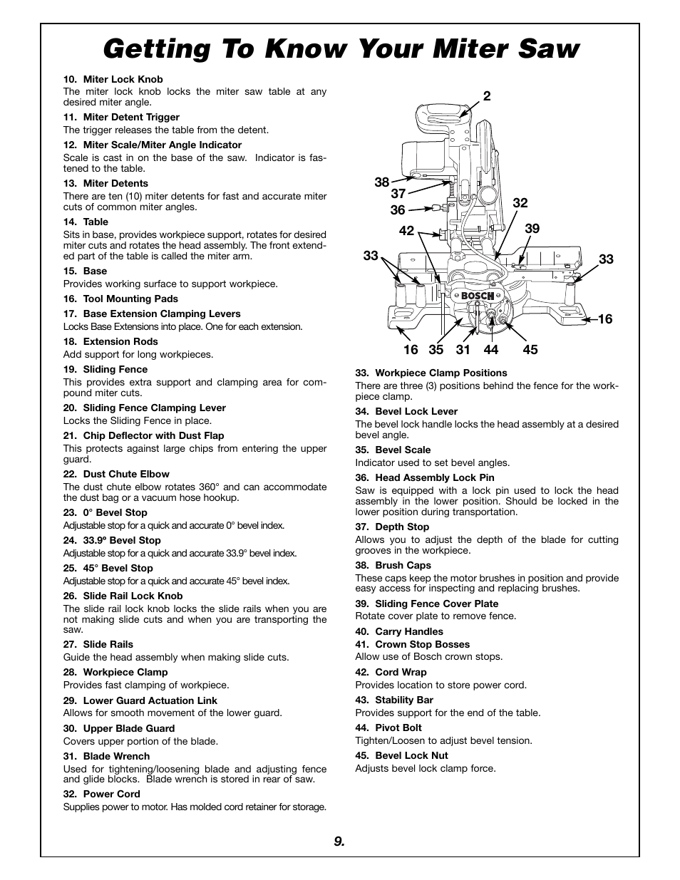 Getting to know your miter saw | Bosch 4405 User Manual | Page 9 / 112