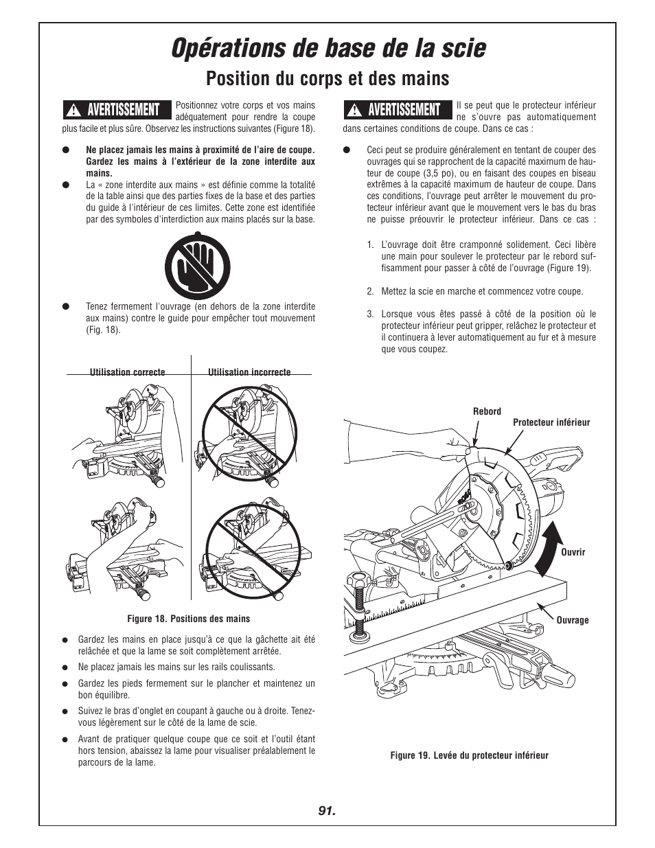 Opérations de base de la scie, Position du corps et des mains, Avertissement | Bosch 4405 User Manual | Page 91 / 112