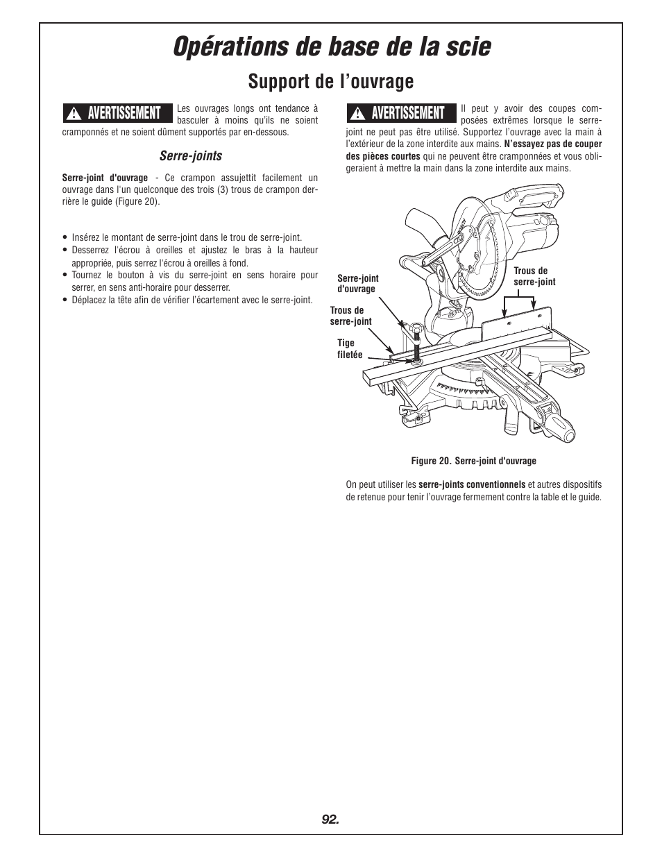 Opérations de base de la scie, Support de l’ouvrage, Avertissement | Bosch 4405 User Manual | Page 92 / 112