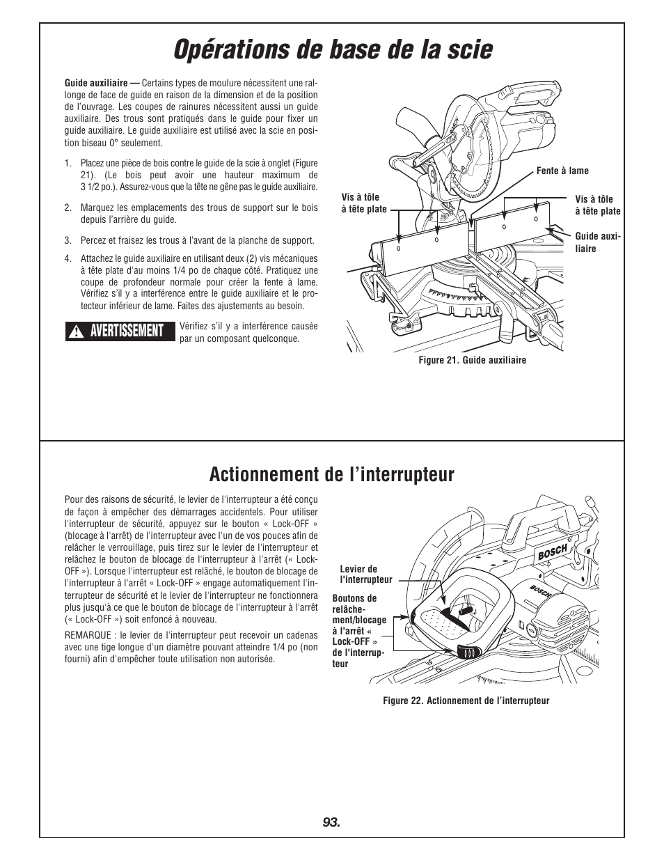 Opérations de base de la scie, Actionnement de l’interrupteur, Avertissement | Bosch 4405 User Manual | Page 93 / 112